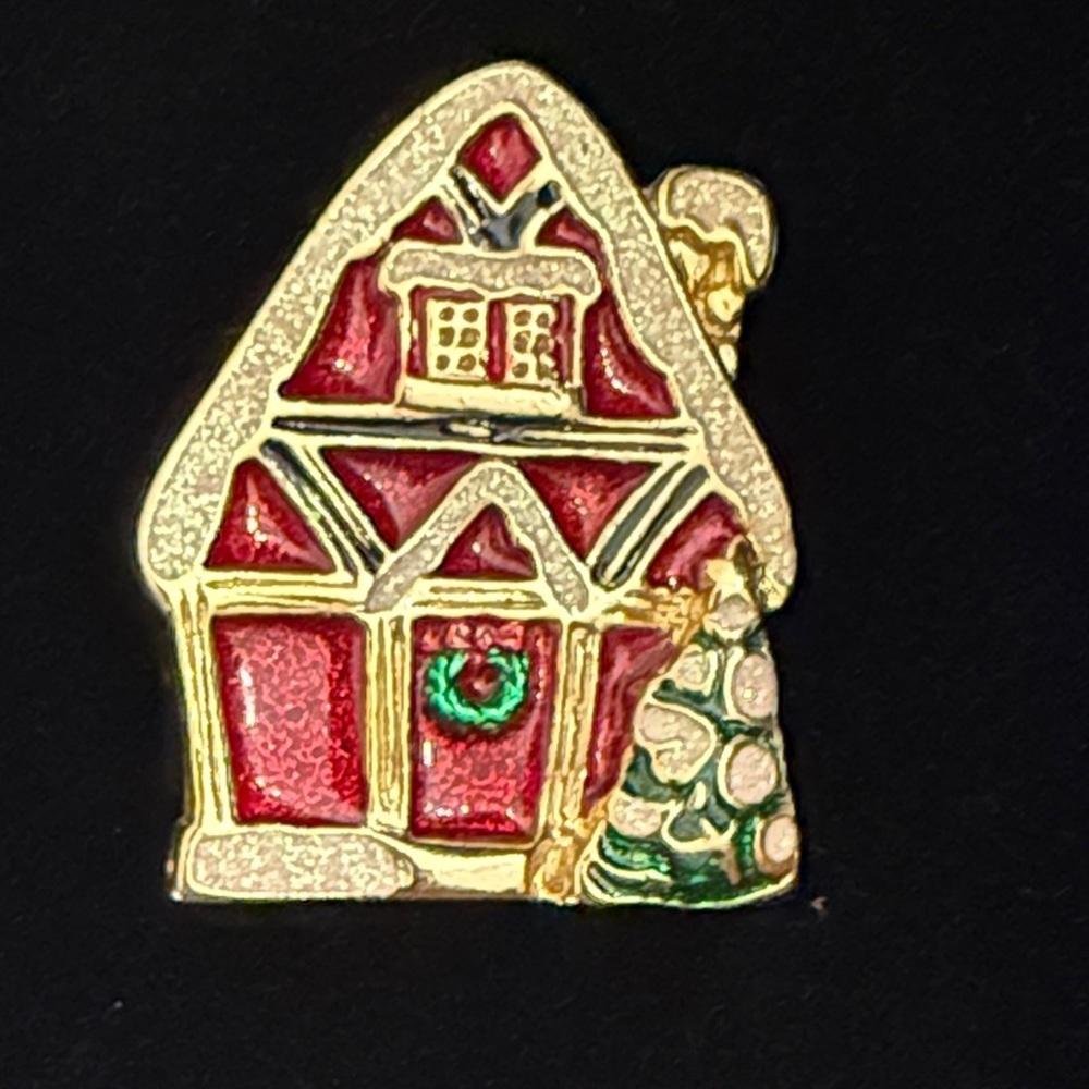 SFJ signed vintage Christmas Cottage Gingerbread House Enamel Brooch Pin